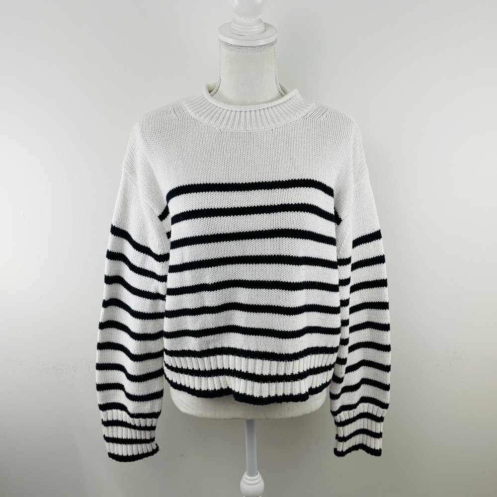 J. Crew Roll-Neck Sweater 100% Cotton Blue White Stripe Heritage Size Medium